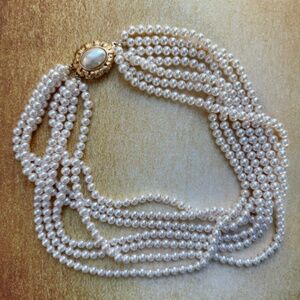 VINTAGE HANDMADE GAY BOYER Necklace Multi Strand Faux Pearl White Gold 17"
